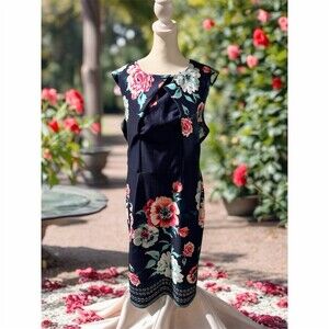 New York & Company Dress Womens L Navy Blue Floral Sheath Knee Sleeveless